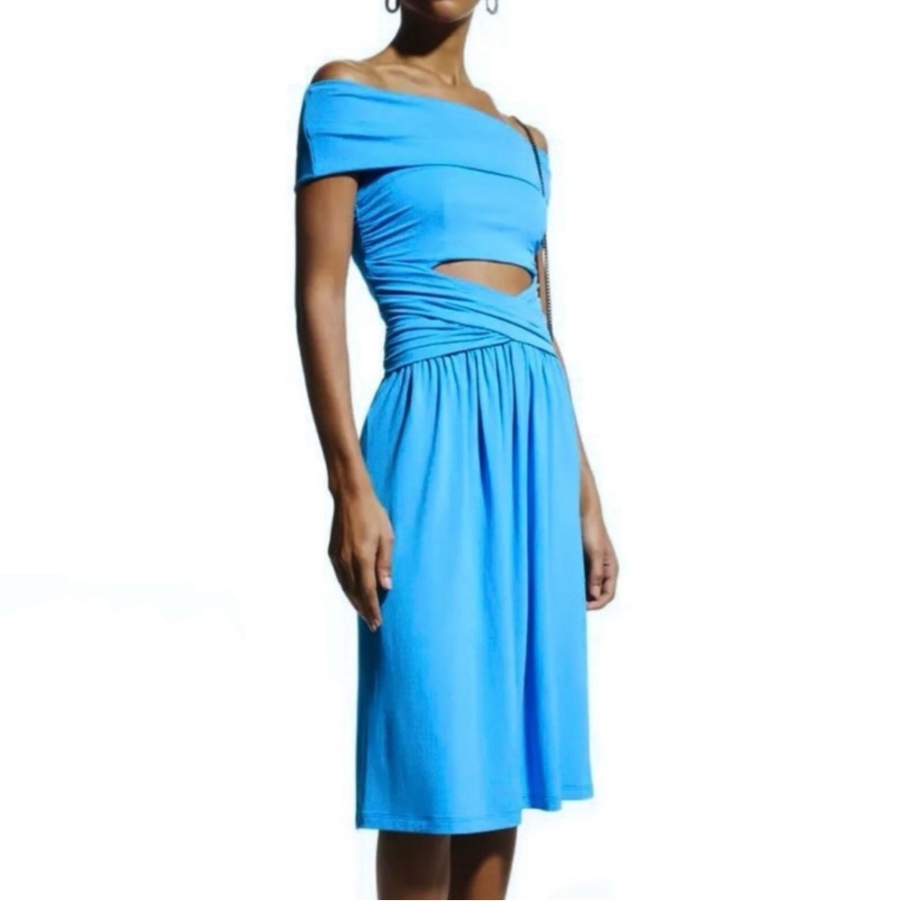 NEW ALBERTA FERRETTI BLUE OFF-THE-SHOULDER MIDI DRESS